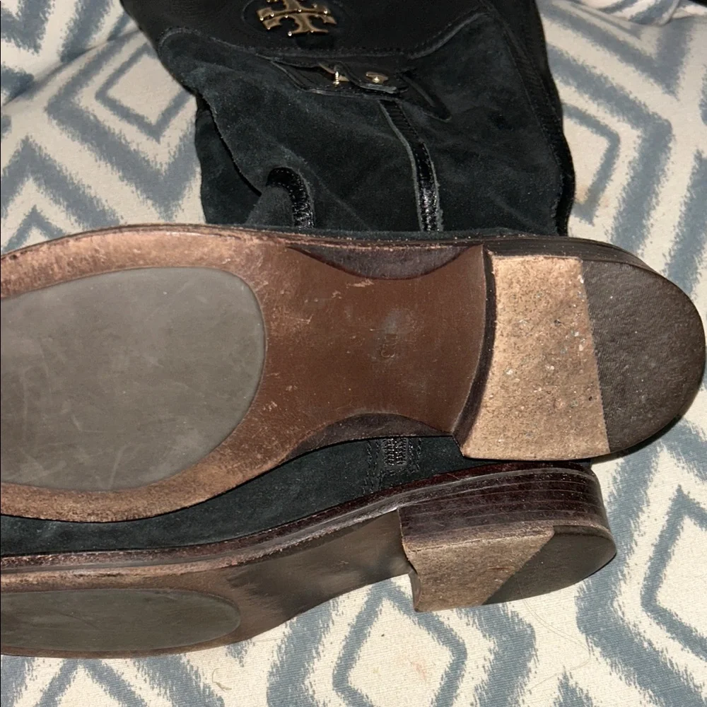 Tory‎ Burch Black Suede Mid-Calf Boots with Logo Hardware 9